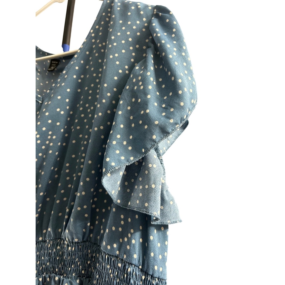 Shein Curve Blue Polka Dot Flutter Sleeve Smocked Waist Ruffle Midi Dress 4XL - Picture 4 of 5
